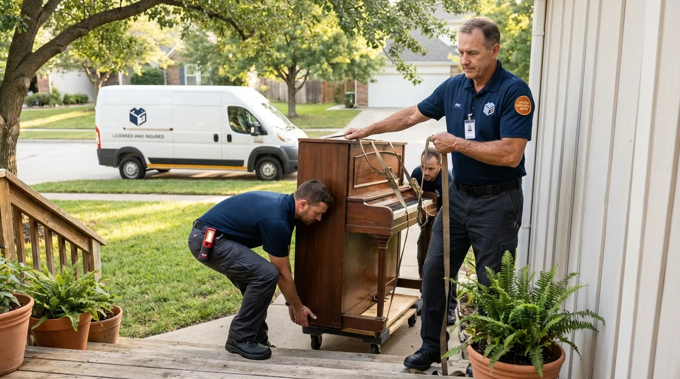 Licensed piano movers securing grand piano in Montpelier, IN