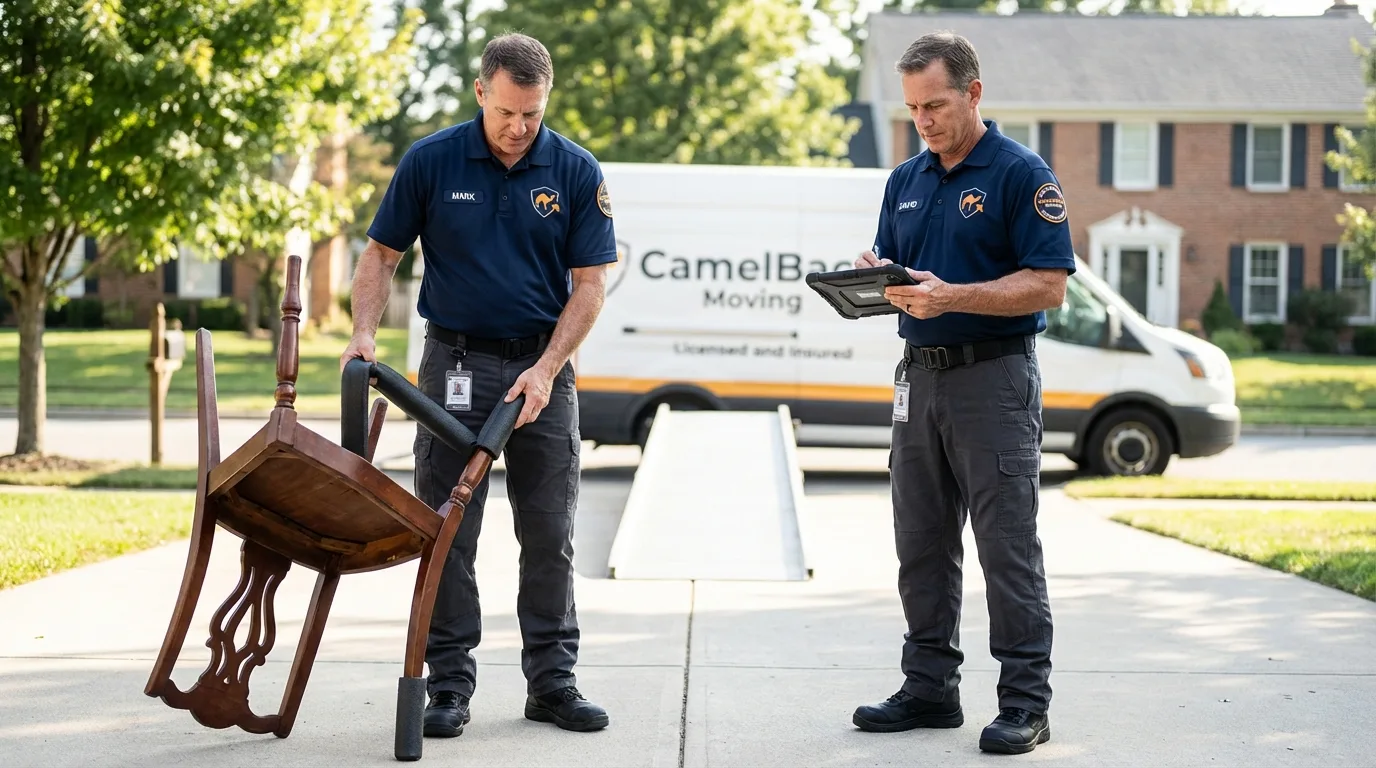 Movers inspecting furniture for damage prevention before loading in Montpelier, IN